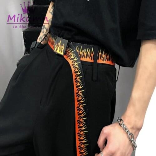 Harajuku Punk Style Streetwear Hip Hop Flame Print Canvas Belt Women and Man