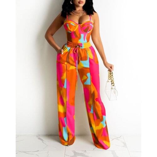 2021 Summer Holiday V Neck Spaghetti Strap Colorblock Zipper Back Sleeveless Sexy Cami Top Wide Legs Contrast Pipping Pants Set