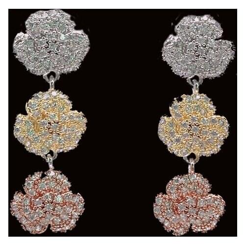 Lanyika Fashion Jewelry Exquisite Three Small Flower Ear Drop Earrings Full Zircon Micro Plated Wedding Banquet Party Best Gift