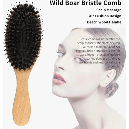 Natural Wild Boar Bristles Massage Comb Anti-static Hair Scalp Paddle Brush Oval Shape Beech Wooden Handle Brush Styling Tool