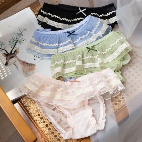Cute Sexy Vintage Style Women Panties Underwear Transparent Briefs Lace Net Yarn Sweet Girls Intimates Ruffles Bow Trim