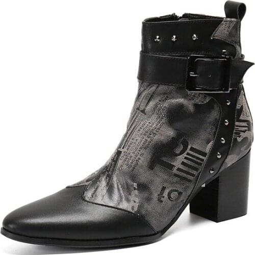 Black Printing Genuine Leather Men Boots Chelsea Fashion Shoes Rivet High Quality Mens Shoes Formal Single Buckle Pointed Shoes
