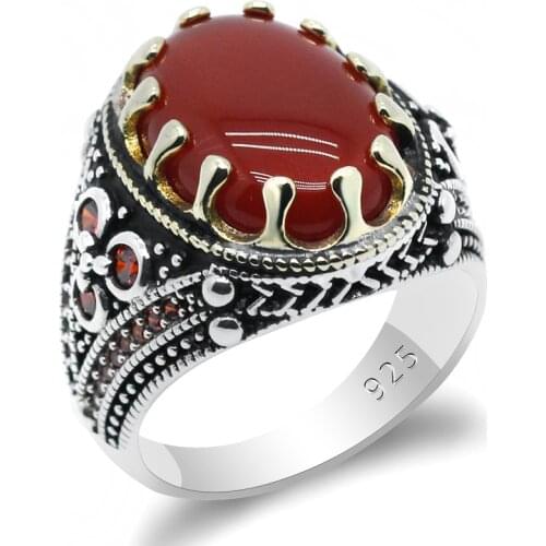 New Hot Sale 925 Sterling Silver Ring Turkish Jewelry Natural Stone Ring Transparent Red Mens Ring High Jewelry
