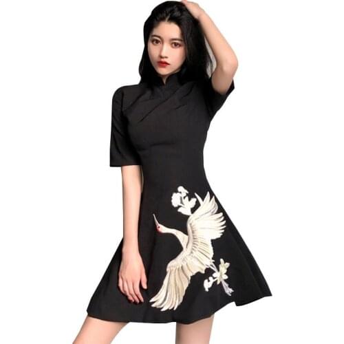 New Japanese Harajuku Vintage Lolita Dresses Fashion Women Girls Crane Embroidery Black Red Chinese Style Cheongsam Dress