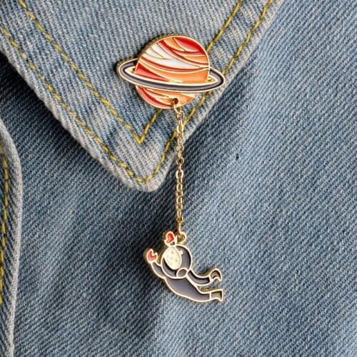 Saturn Planet Astronaut Sailing Rabbit Metal Cartoon Brooches Pins Chain Button Pin Denim Jacket Pin Badge Gift Jewelry Gifts
