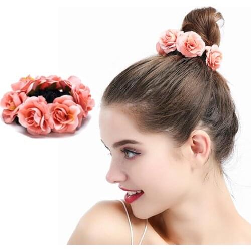 Hot Sale Colorful Rose Hair Rope Fabric Flower Elastic Hair Hoop Custom Party Rose Flower Hair Ring Ponytail Holder For girls