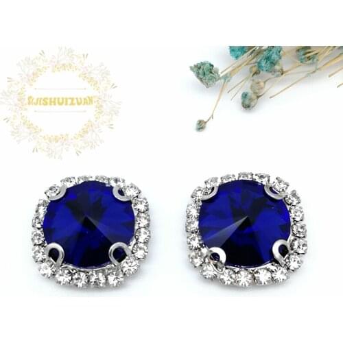 Sapphire blue ROUND Glass Crystal sew on rhinestones with Crystal buckle claw Diy wedding dress accessories Free shipping