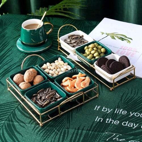 Nordic Luxury Emerald Ceramic Grid Snack Platter Simple Home Snack Nut Dessert Marmalade Tray Modern Home Living Roomstorage Box