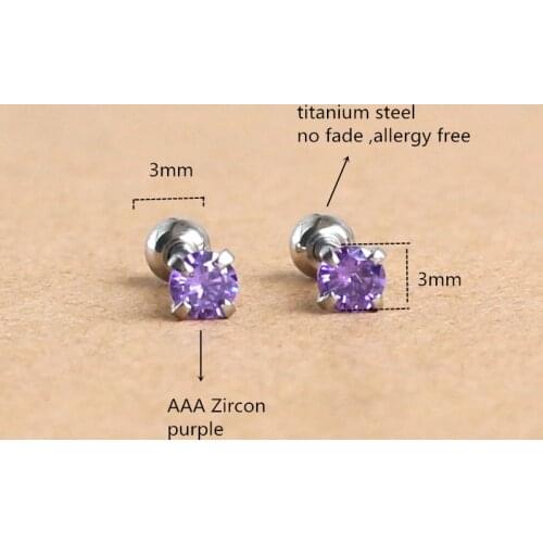 Titanium Screw Stud Earrings With 3mm Purple AAA Zircon 316L Stainless Steel No Fade No Allergy