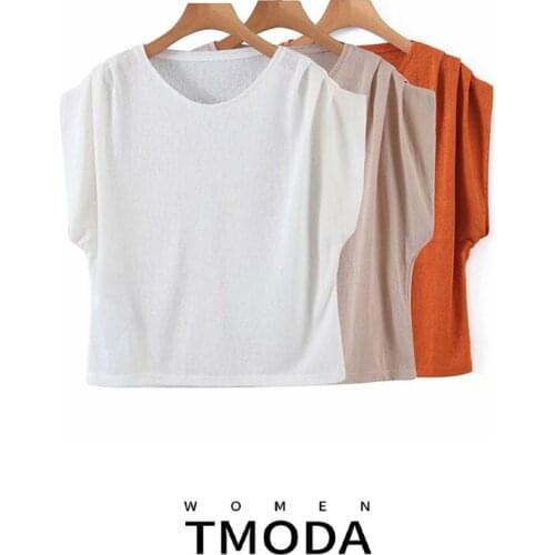 TMODA1048 Za New Women Fashion Solid Color Flax Casual T-Shirts Female Basic O Neck Shirring Sleeve Female T shirt Chic Tops