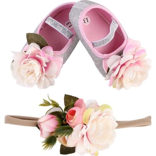 Baby Flower shoes Infant & Toddler Lace Floral Embroidered Soft Shoes Prewalker Walking Toddler Kids Shoe with matching Headband
