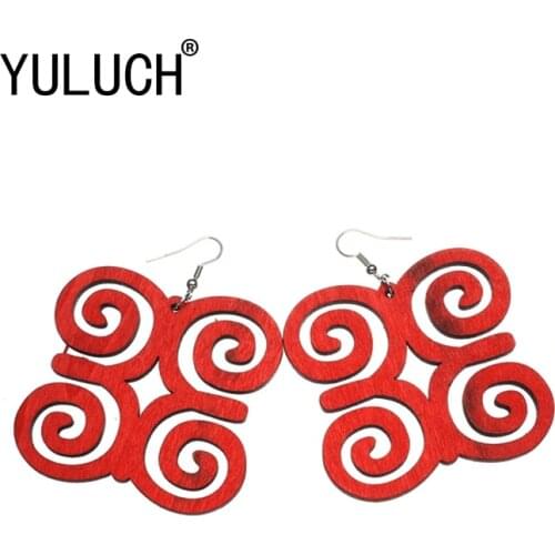 YULUCH Unique retro design natural wood hollow pendant earrings for women art party Valentines Day gift lady photo earrings