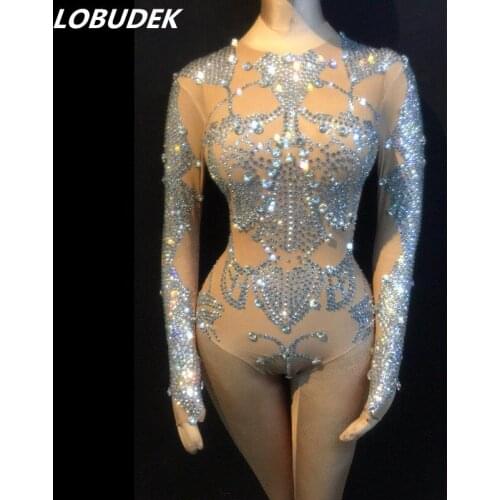 Women Rhinestones Bodysuit Stretch Long Sleeve Crystals Catsuits Bar Nightclub Bling Costume DJ Jazz Pole Dance Sexy Stage Wear
