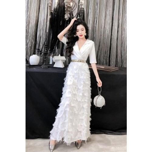 YUZACDWX High Quality New 2019 Summer Runway Fashion Elegant Goddess Half Sleeve Fringe Sexy V-Neck Slim Party Long Dresses