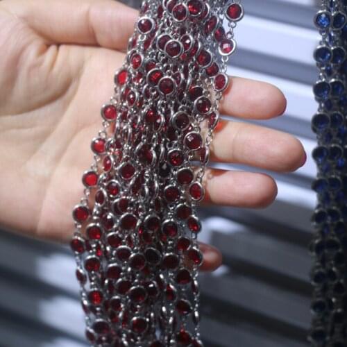 1feet Wholesale Gem stone Chain Faceted Clear Red Crystal Quartz Glass Chain Wire Wrapped Plated Brass Links Flat Round Beads