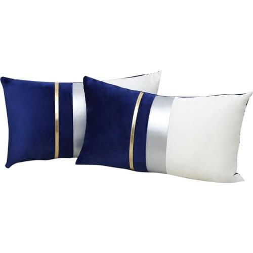 Patchwork Velvet Lumbar Pillow Cover with Gold Striped Leather Cushion for Bedroom Sofa Decoration 2PCS