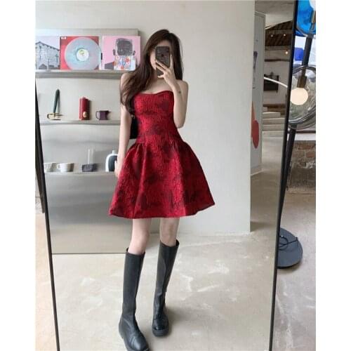 2021 High Qualiy Summer Runway Party Dress Women Vintage Red Embroidery Jacquard Strapless Sexy Backless Mini Dress