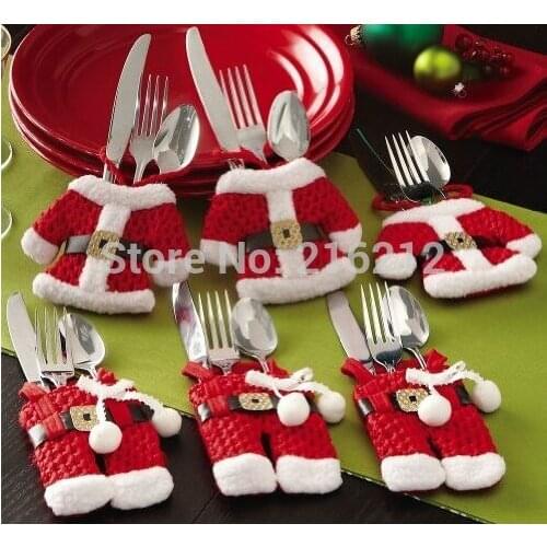 6pcs/Set Handmade Mini Clothes Pants Shaped Christmas Santa Claus Cultery Suit Silverware Holder Knives Forks Pockets Gift