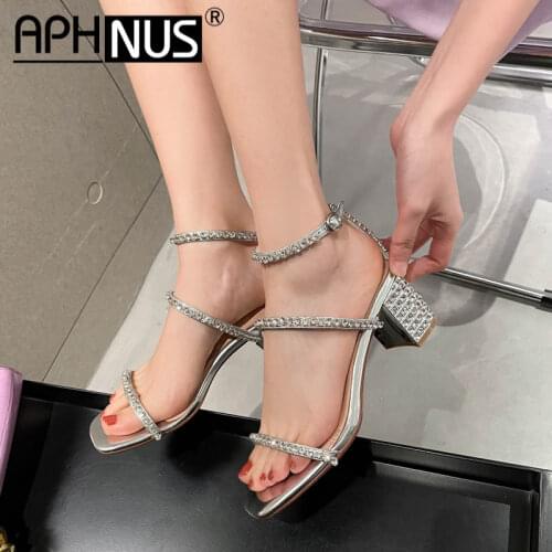 APHNUS Womens Sandals Rhinestone Open Toe Mid High Heels Rough Thick Heels Pumps Woman 2021 Shoes For Women New