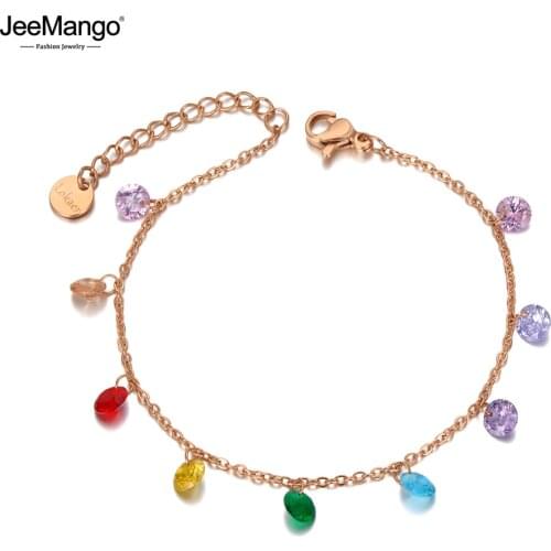 JeeMango Stainless Steel Bohemia Chain & Link Bracelets For Women Colorful CZ Crystal Charm Bracelet Браслет Для Женщин JB20114