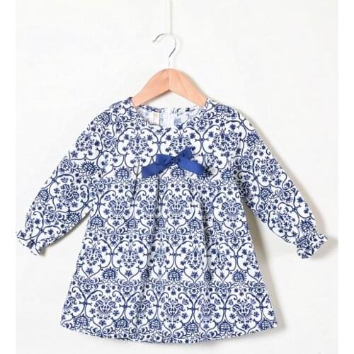 Children Clothing Girls Fresh Cotton Blue and White Porcelain Long-sleeved Bowknot Doll Blouse