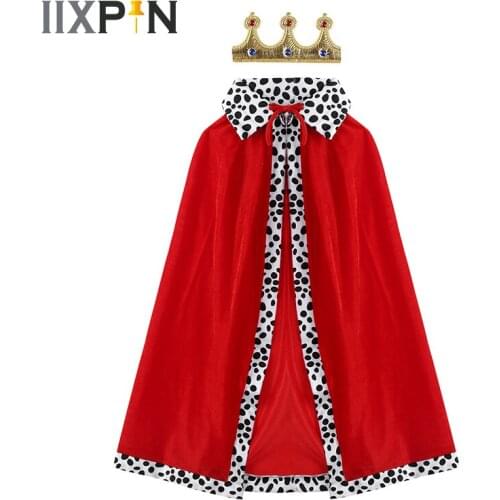 Kids Children King Cosplay Costume Accessories Red Velvet Cloak Cape with Crown Outfit Halloween for Cosplay Party Dress Up