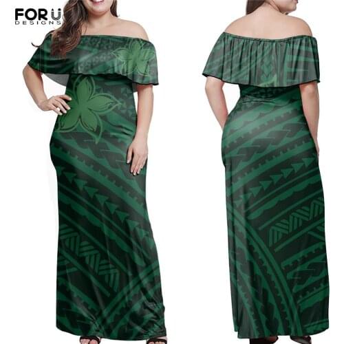 FORUDESIGNS Women Summer Off Shoulder Elegant Dress Tahiti Samoan Hibiscus Style Layered Ruffle Comfortable Evening Cloth Mujer
