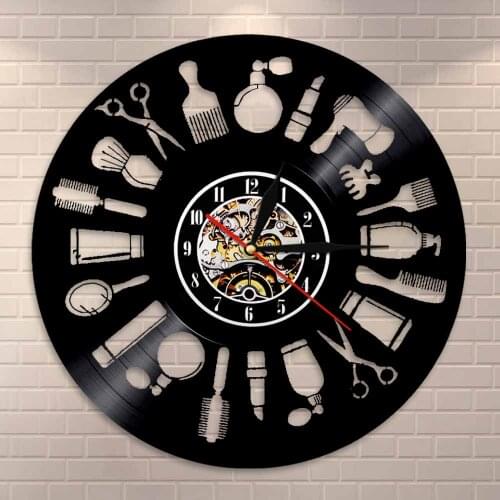 Barber Shop Hair Salon Tools Vinyl Record Clock Barber Accessories Silent Non ticking Wall ClockBlack Wall Art Retro Home Decor