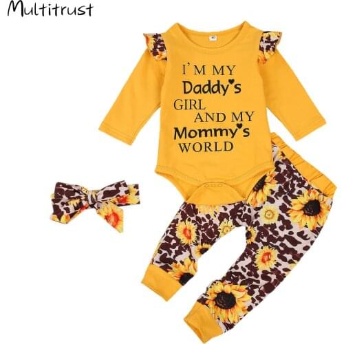 Newborn Baby Girls Clothes Sets Autumn Outfits Leopard Sunflower Print Long Sleeve Bodysuit + Trousers Pants + Headband 3pcs