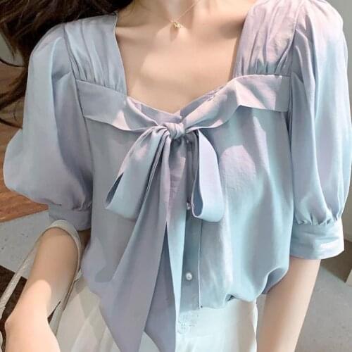 Korean Elegant Square Collar Bow Women Shirts Summer Fashion Bubble Sleeves Female Blouse Office Lady Casual Shirt