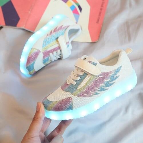 USB Charging Colorful Luminous Shoes Childrens Non-Slip Light Sneakers Mesh Breathable Wings Luminous Kids Shoes