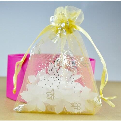 Hotsale 100pcs/lot 7x9cm Gold Organza Gift Bags Drawable Small Christmas Party Wedding Organza Bag Jewelry Package Pouch