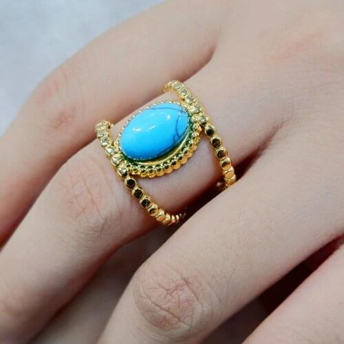 Fashion Gold Stainless Steel Rings for Women Girls Oval High Quality Natural Turquoise Adjustable Open Finger Rings Jewelry Gift