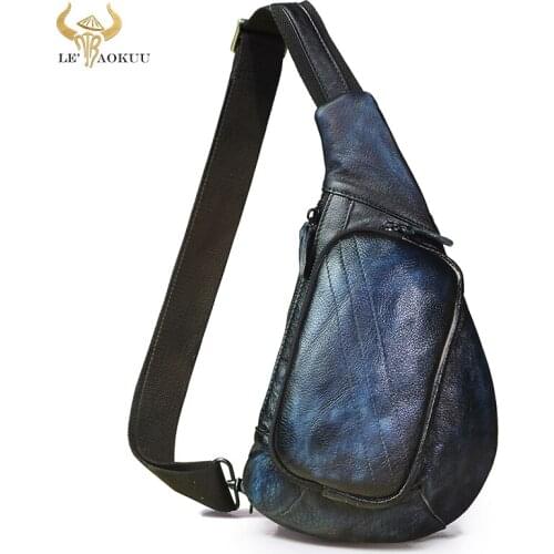 Famous Men Natural Leather Fashion Triangle Chest Pack Bag Design Male Sling Crossbody One Shoulder Bag Backpack Daypack 8810