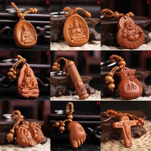New Arrival For Car Bag keyring Wholesale Hot Sale Lucky Jewelry Peach Wood Carving buckle Buddha Pendant Keychain