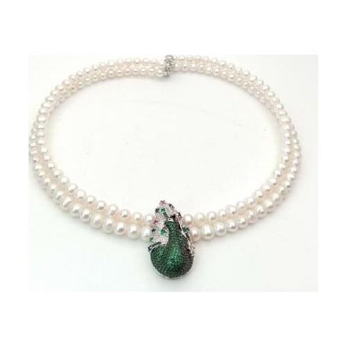 Hand knotted 2strands 7-8mm white round freshwater pearl necklace micro inlay zircon accessories pearl pendant long 45-47cm