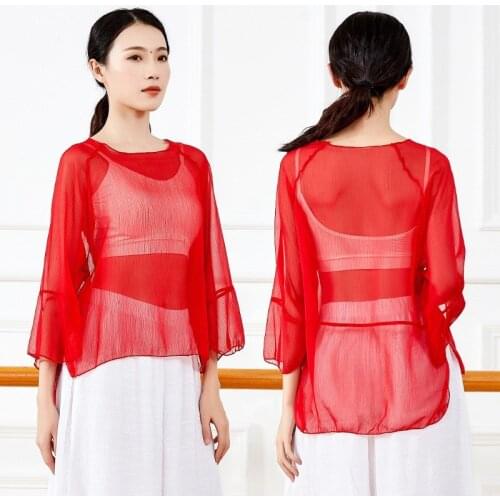 Sexy Transparent Gauze Crepe Dress See Through Classical Dance Practice Blouse 3/4 Sleeve Modern Dance Performance Wear FreeSize