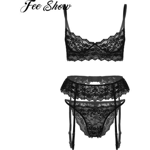 Sissy Men Exotic Sets See-through Floral Lace Lingerie Suit Set Gay Man Underwear Nightwear Unlined Bra with Thongs Garter Belts