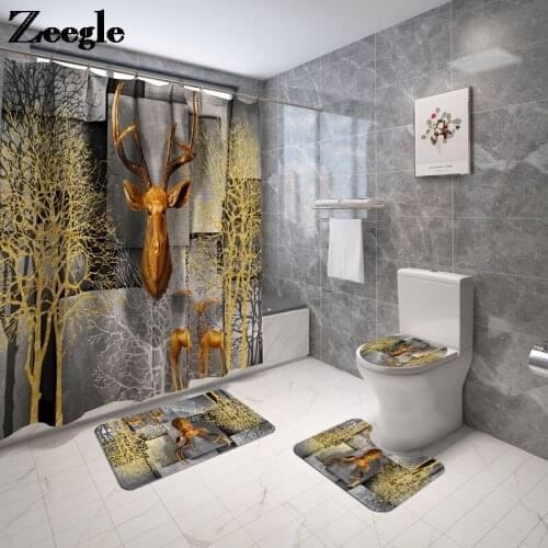 Zeegle Printing Bath Mat Bathroom Carpet Rug Set Polyester Waterproof Shower Curtain Set Non-Slip Toilet Foot Rugs Absorbent Rug