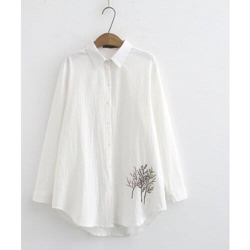 Plus Size XL-4XL Women Flower Embroidery Long Sleeve Blouse Turn-down Collar Single Buckle Officewear White Yellow Tops