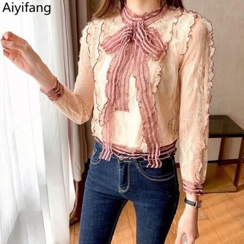 New Spring Sweet Ladies Lace Blouses Womens Fashion Elegant Bow Long Sleeve Ruffles Slim Shirts Sexy Hollow Out Tops Clothing