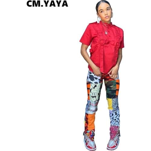 CM.YAYA Women Pants Print Elastic Mid Waist Stretchy Skinny Bodycon Flare Pants Back Pockets Fashion High Streetwear Summer