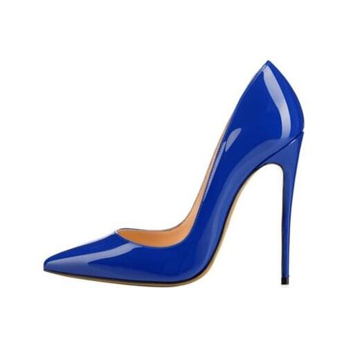 Moraima Snc Sexy High Heel Shoes Blue Patent Leather Stiletto Heels Sexy Pointed Toe Woman Pumps 12CM Heel Big Size Dress Shoes