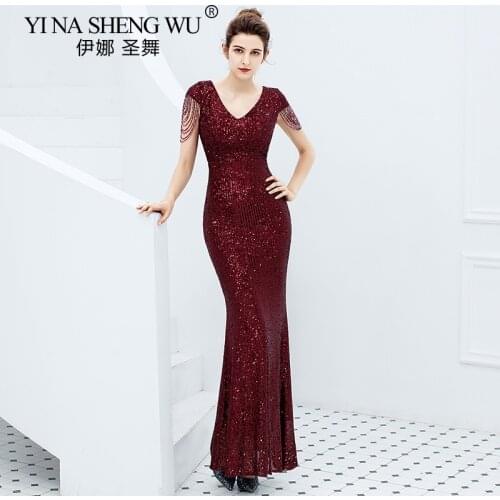 Luxury Sequined Women Evening Long Dress V Neck Short Sleeve Mermaid Party Gowns Sexy Robe Femme Elegant Formal Dresses Adult