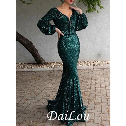 Mermaid / Trumpet Open Back Formal Evening Dress Plunging Neck Long Sleeve Sweep / Brush Train Polyester with Sequin 2021