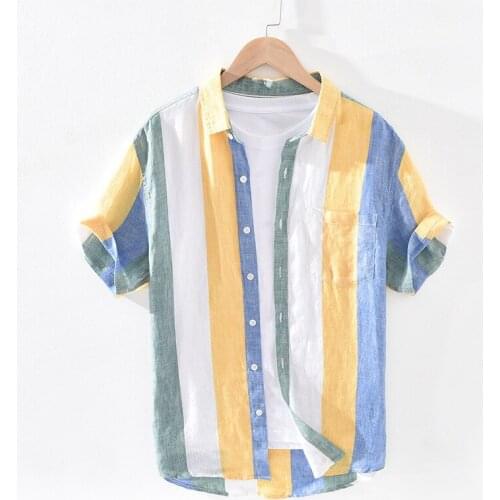 100% Linen Shirts Men Short Sleeve Striped Business Dress Shirt Colorful Fashion Casual Tops Male Camisa Streetwears TS-743