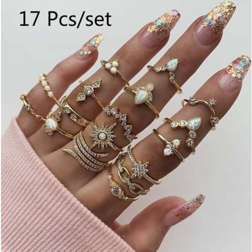 17 Set Fashion Octagon Star Water Drops Ring For Ladies Geometric Crown Gold Color Finger Ring Charm Party Wedding Jewelry Gifts