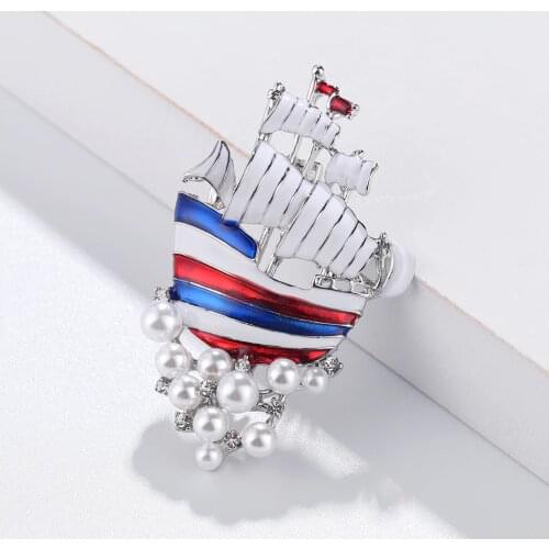 2019 New Arrival Imitation Pearl Spindrift Brooches Blue Red White Enamel Sailing Brooch for Women Men Vintage Pin Jewelry Gifts