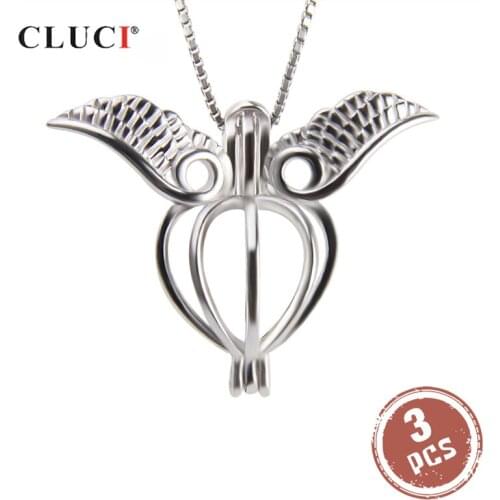 CLUCI 3pcs Women 925 Sterling Silver Angel Wing Heart Cage Pendant,Christmas Heart Pearl Locket Pendant for Women SC330SB