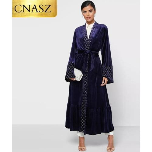 Lastest Muslim Fashion Modest Abaya Loose Sleeves Front Open Cardigan Sequins Mesh Velvet Warm Coat Abayas For Muslim Women
